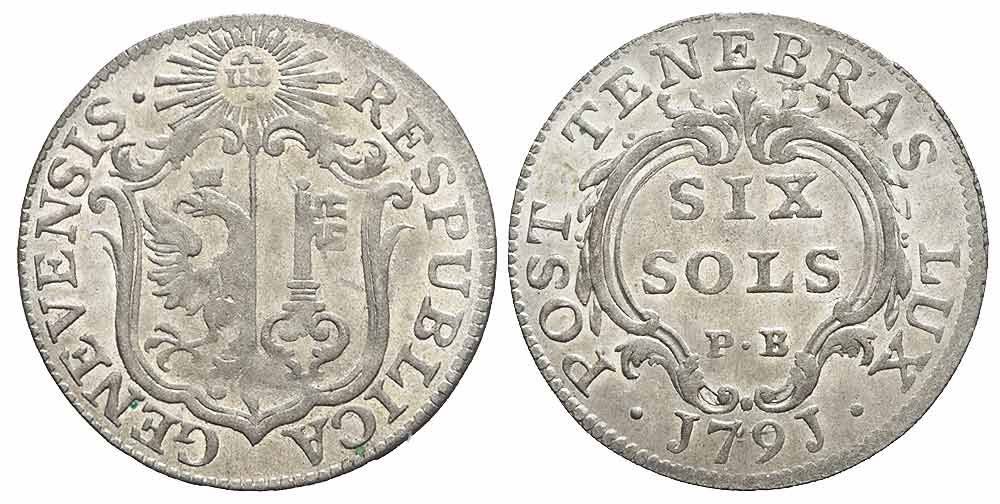 Tutti le monete: Genf / Genève 6 Sols 1791 – Usato da Chiasso venduto da Novamarketing