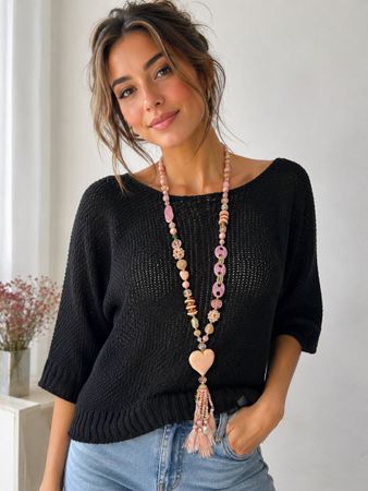 Damen Basic Strick Pullover 3/4 Ärmel schwarz S m