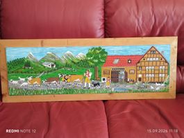 Handgemaltes Holzbild Alpaufzug mit Kuh im Holzrahmen