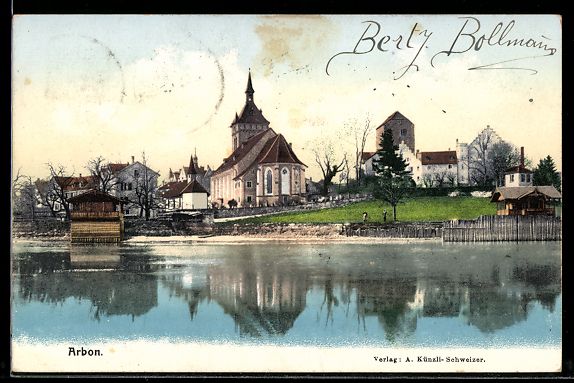 Cartoline postali: AK Arbon, Kirche und Seeufer – Usato da Berlin venduto da bartko-reher