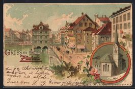 Litho Zürich, Stadtpartie mit Anleger, 