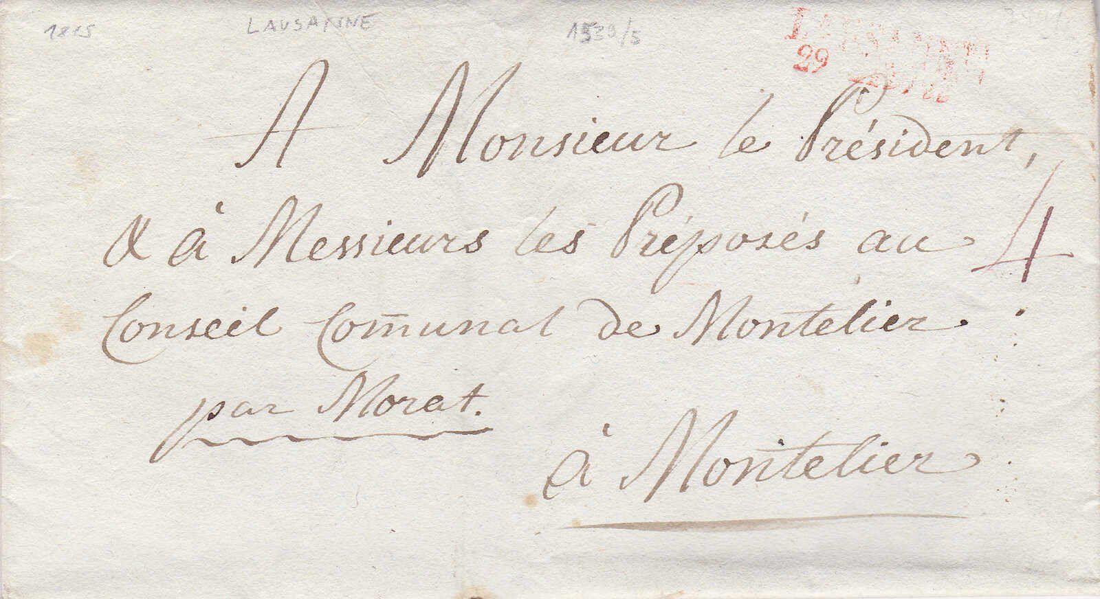 Tutti i francobolli: 1815, "Lausanne 29 ...", roter Zweizeiler, – Usato da Wenslingen venduto da riger11