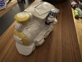 Vintage Keramik Spardose/Kässeli Lokomotive mit Lokführer
