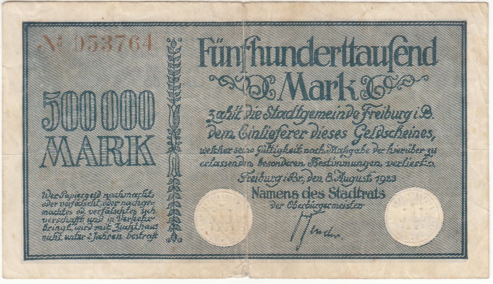 Banconote: Freiburg 500000 Mark 08.08.1923 SS++ – Usato da Steffisburg venduto da ber_8htf