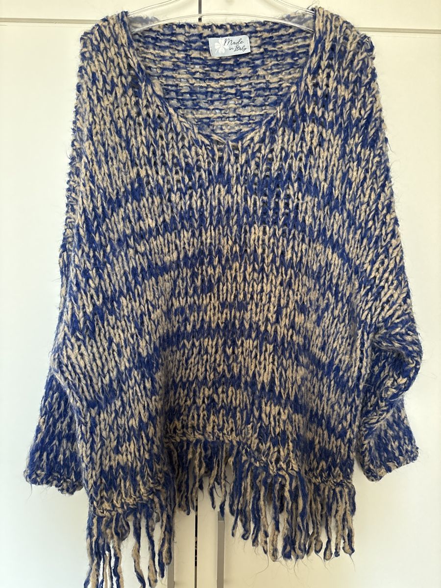 Maglioni & Felpe: Made in Italy Strickpullover mit Fransen, Blau/Beige – Usato da langenthal venduto da rundholz7