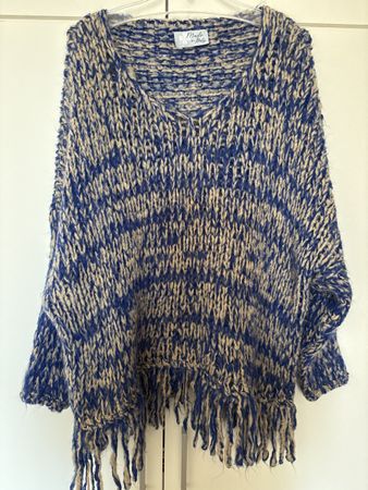 Made in Italy Strickpullover mit Fransen, Blau/Beige