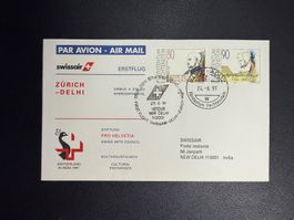 Swissair Erstflugbrief Zürich-Delhi ab Liechtenstein 1991