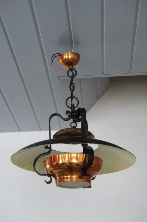 Lampe Suspendue Vintage 70s – Bishop ? – Verre Et Cuivre – 5kg