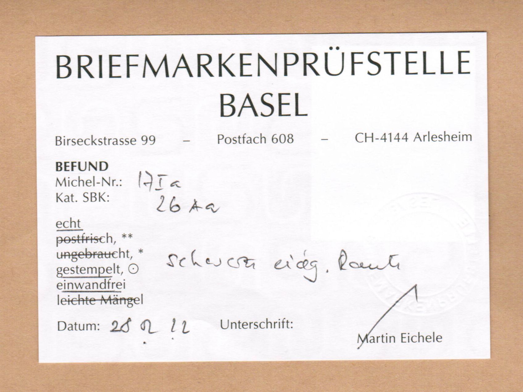 Tutti i francobolli: Strubel 26Aa - Befund Eichele-BS – Usato da Bern venduto da peri02 2