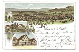 Gruss aus Zuzwil (SG) Gasthaus zum Rössli  uralte Litho 1899