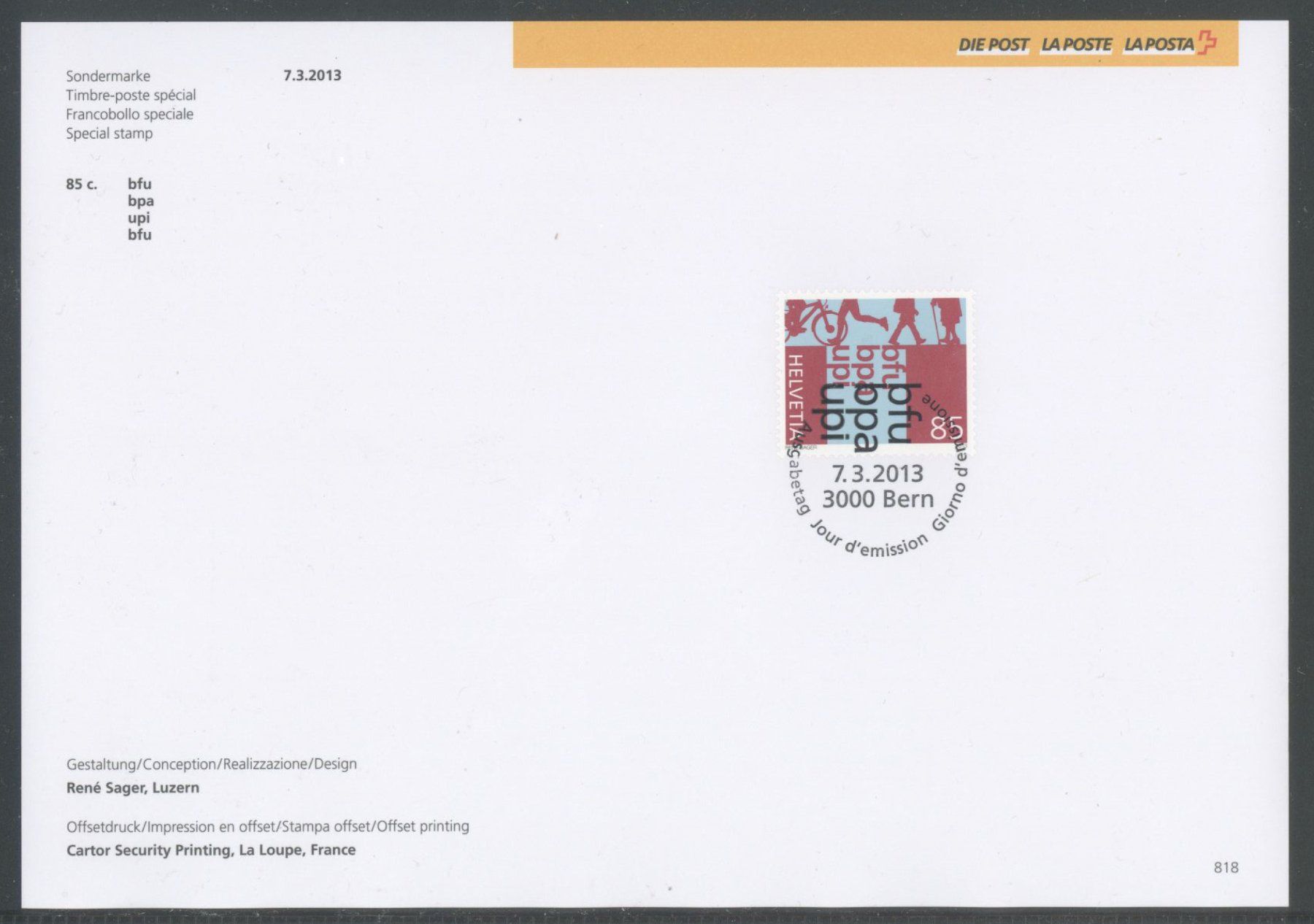 Tutti i francobolli: 2013, Sammelblatt, bfu, Nr. 818 – Usato da Willisau venduto da Vollstempel