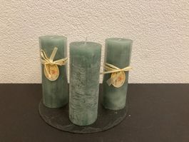 Kerzen 3er Set, je 6,8x18 cm, petrol-grün Raureif, je 550g