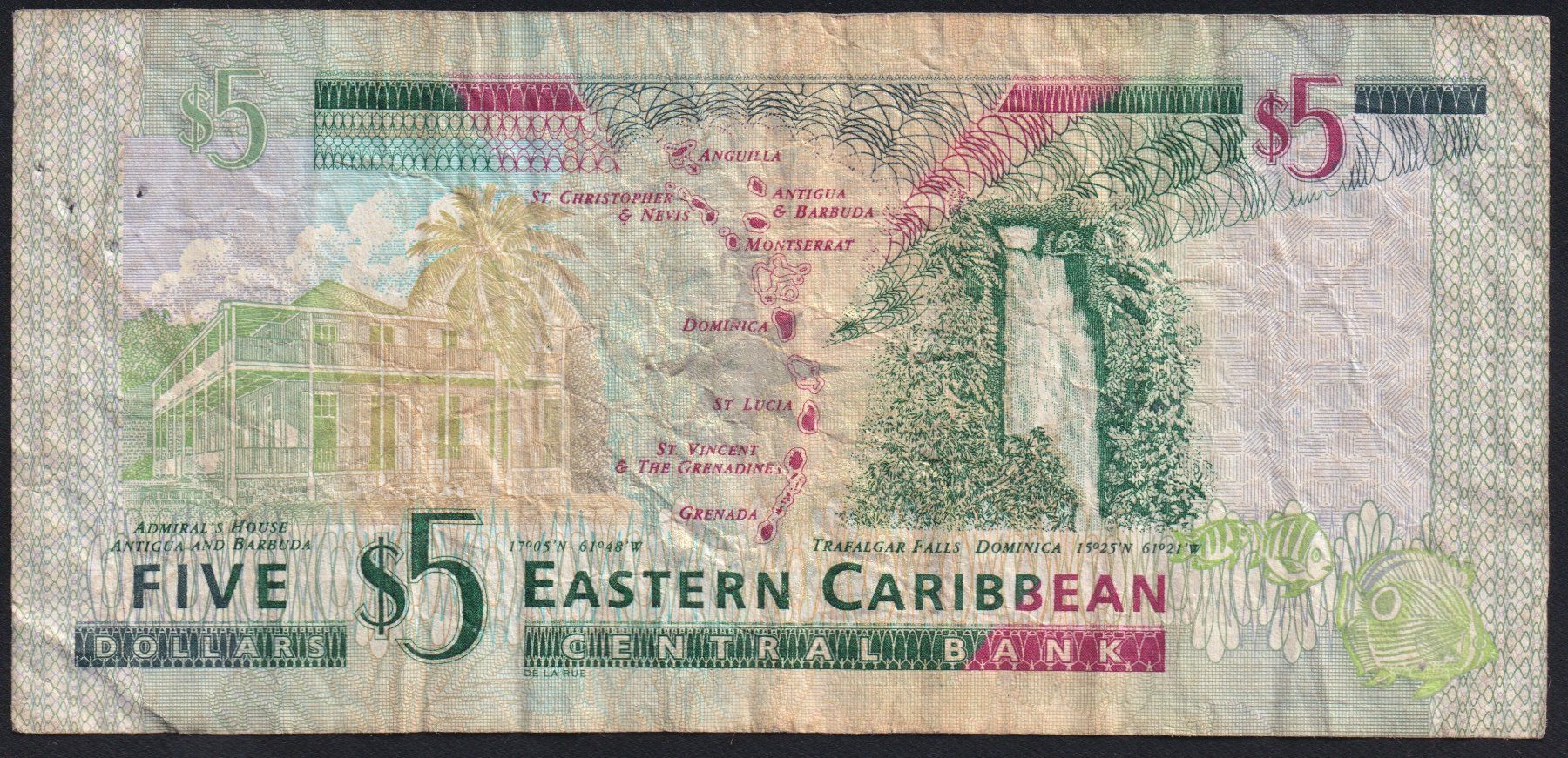 Banconote: Eastern Caribbean Staates 5 Dollars 2008 – Usato da Brugg AG venduto da banknoten_muesli 1