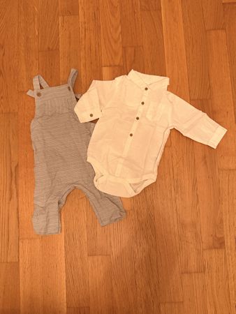 Ensemble bébé salopette rayée et body chemise