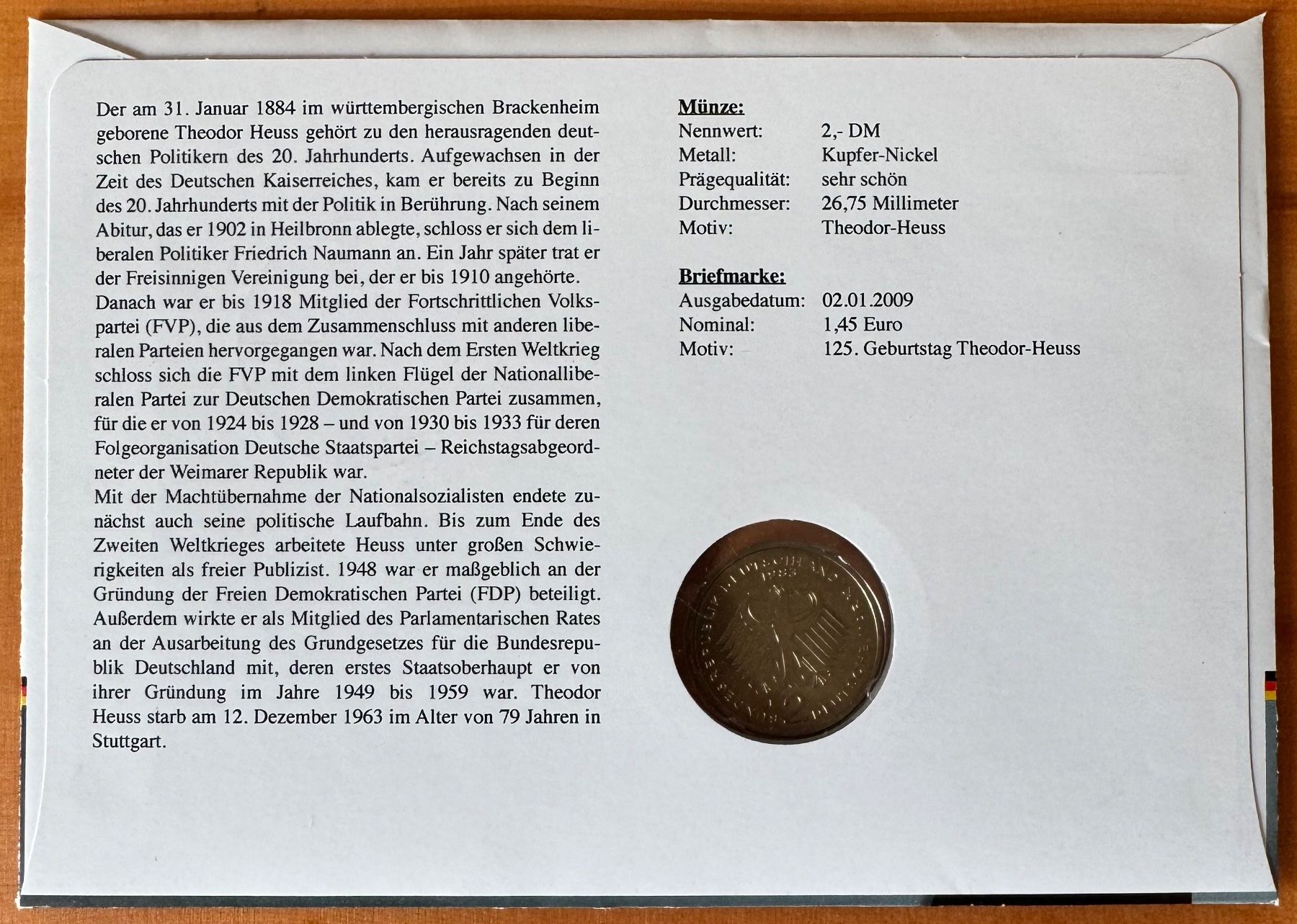 Tutti le monete: Theodor Heuss 2 DM Numisbrief – Usato da Meilen venduto da coins4sale 1
