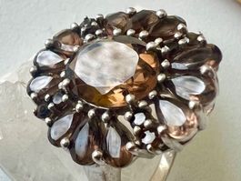 Opulentes Art-Déco Bijou Silberring 925 Rauchquarz Blüte G56