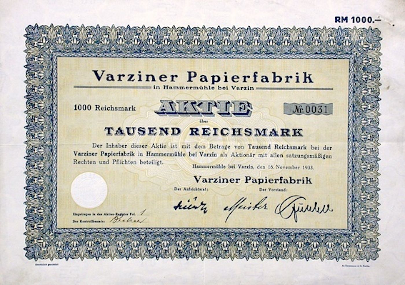Documenti: Varziner Papierfabrik, Hammermühle - 1933 – Usato da Solothurn venduto da Sgasche