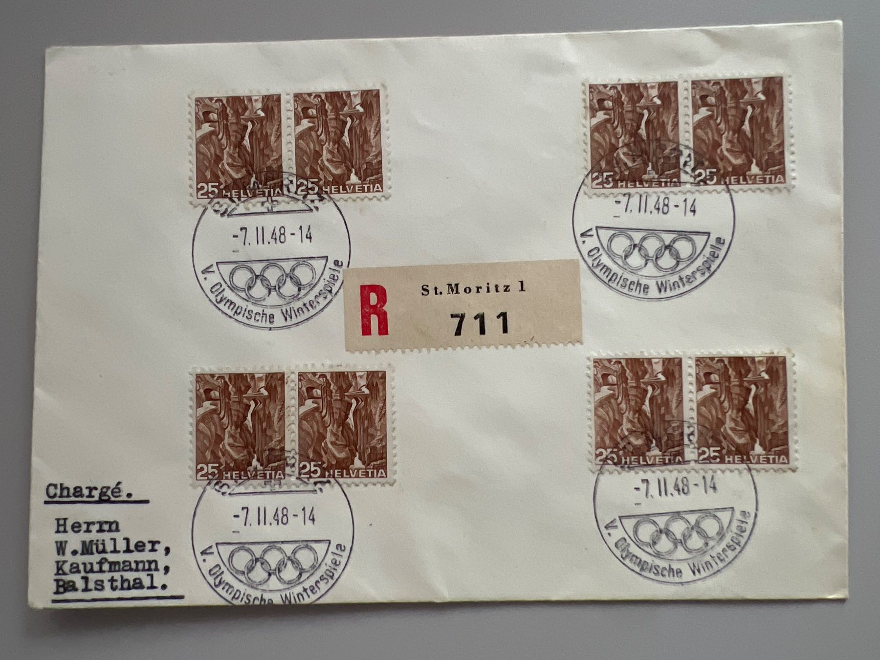 Alle Briefmarken: 1948 Winter-Olypi. St.Moritz Einges. Bf. mit 4 Paar Nr. 206 – Gebraucht aus Buchrain von Bonoli