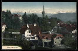 AK Muri bei Bern, Kirchturm und Ort mit Alpenhorizont