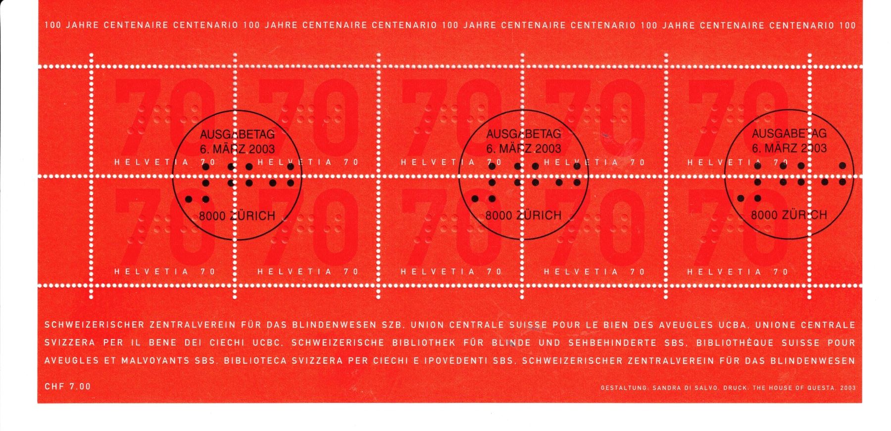 Alle Briefmarken: 2003 Kleinbogen Blindenwesen Ersttag – Gebraucht aus Bottmingen von Golferin