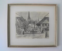 Langnau im Emmental 1947 monogr. HW Kohlezeichnung
