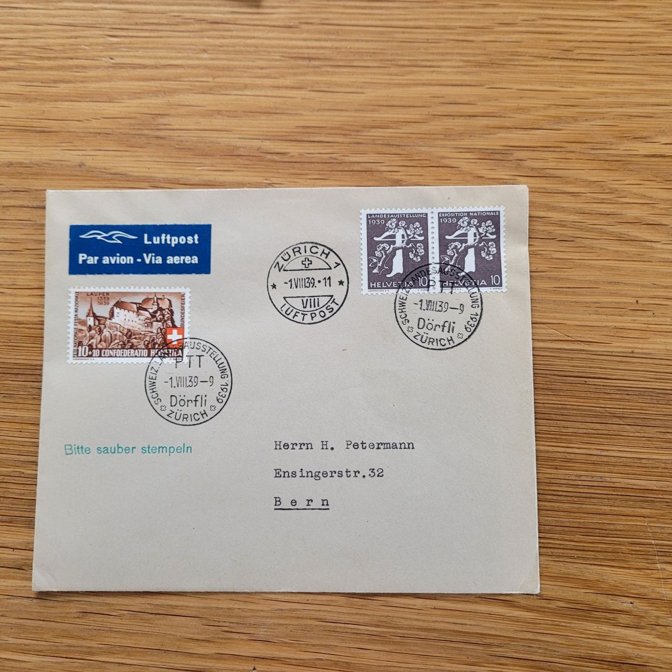 Alle Briefmarken: Luftpost Zürich 1939 Bern – Gebraucht aus Biel/Bienne von Destockweb