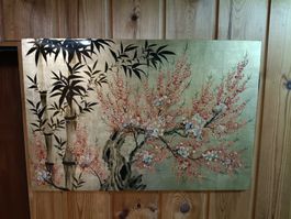 Wandbild asiatischer Stil Bambus Blüten Gold Hintergrund