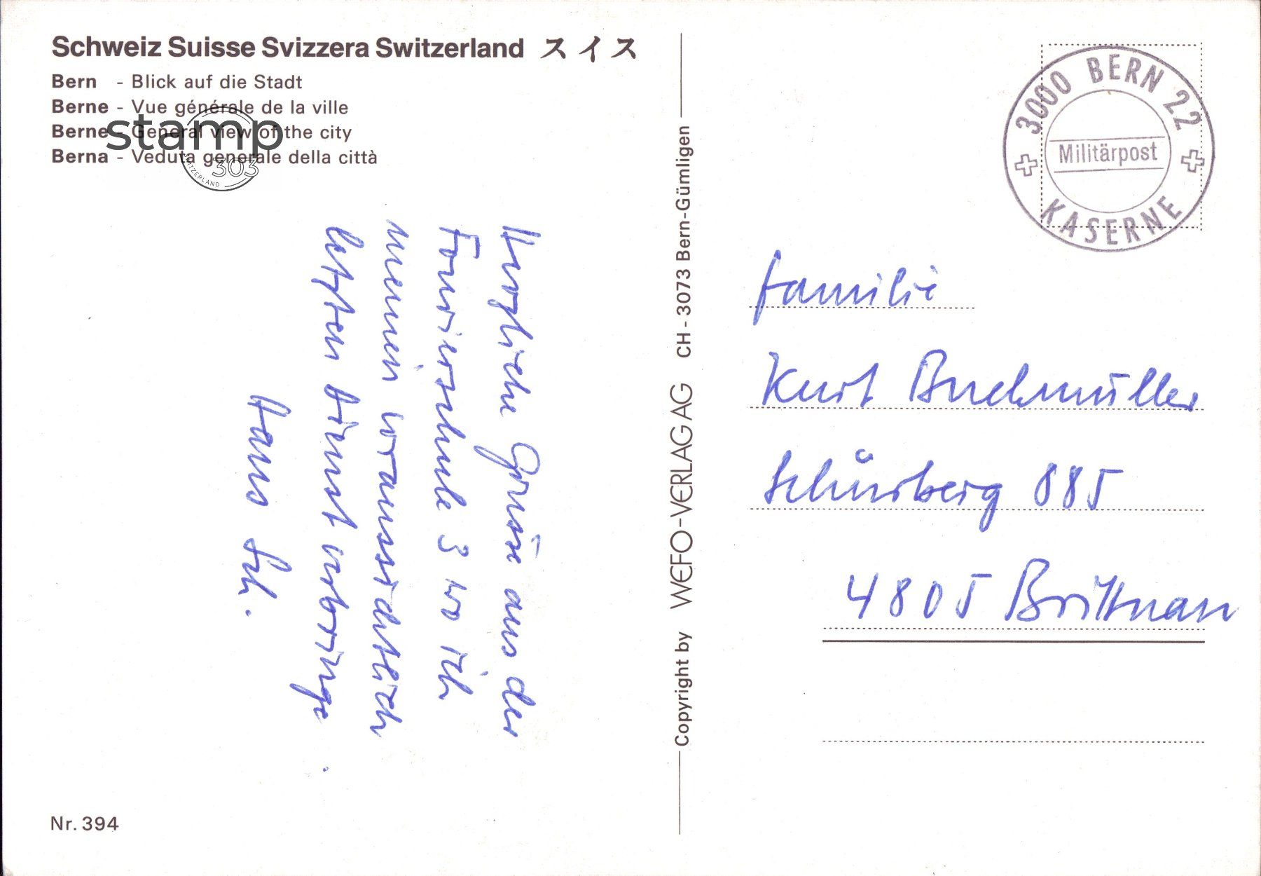 Cartoline postali: AK Bern _ Blick auf die Stadt – Usato da Eggersriet venduto da stamp303 1