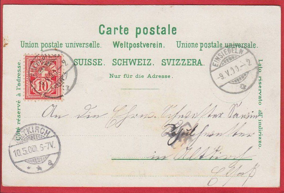 Cartoline postali: EINSIEDELN LITHO 1900 – Usato da Grüningen venduto da Kartenlaube 1