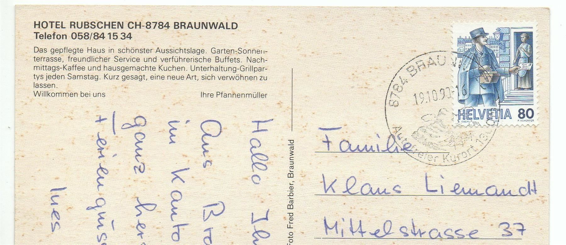 Cartoline postali: BRAUNWALD Hotel Rubschen – Usato da Jona venduto da philajona 1