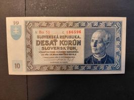 Slowakei 10  Korun Banknote 1939 - kein Specimen - fast NEU