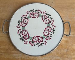 Rundes Serviertablett Emaille Blumenmuster gebraucht