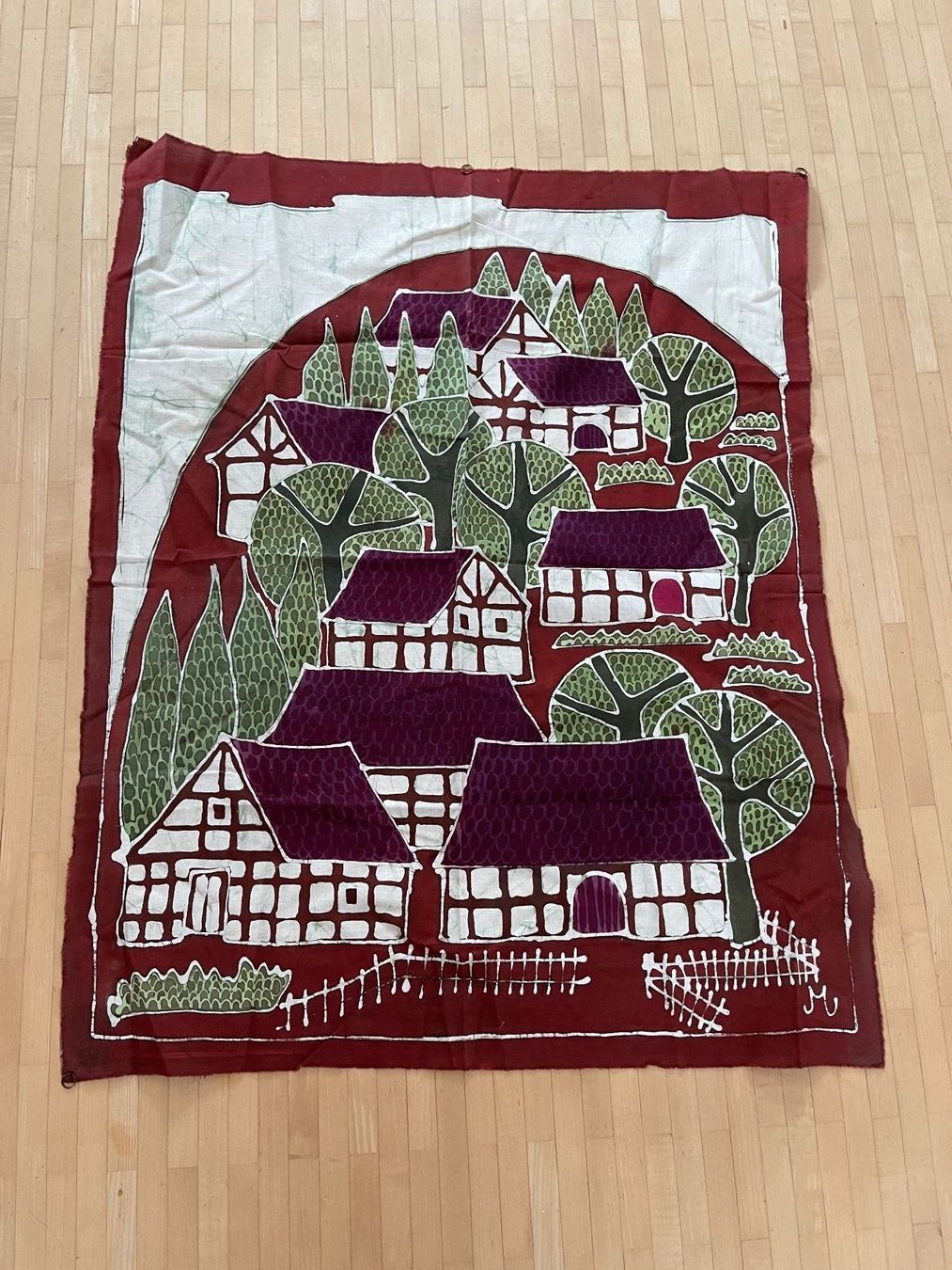 Foto & Immagini: Dekoratives Batik- Bild Riegelhäuser-Dorf mit Aufhängern – Usato da Winterthur venduto da 1956ingi 1