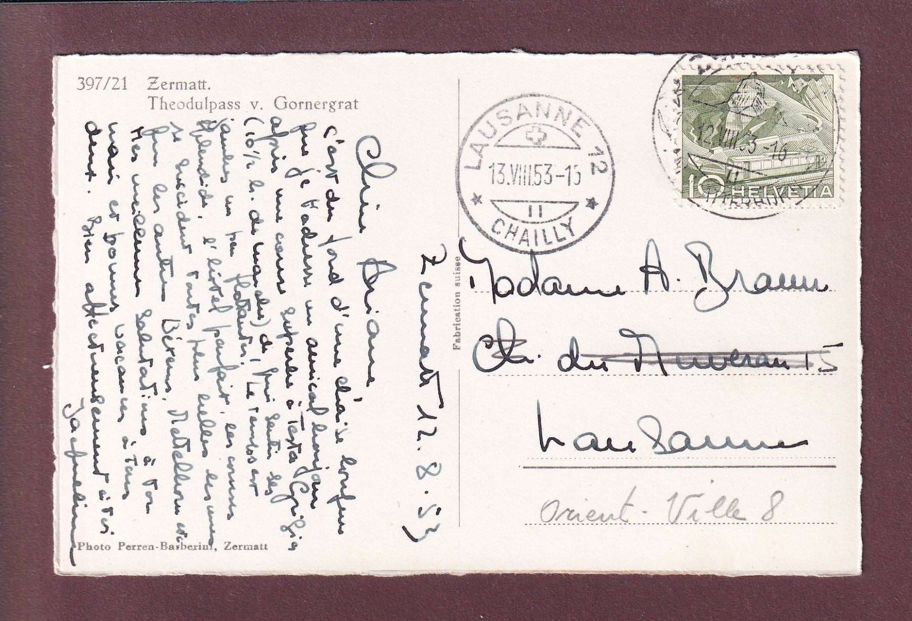 Cartoline postali: THEODULPASS vom Gornergrat - 1953 – Usato da Pully venduto da nicecards 1