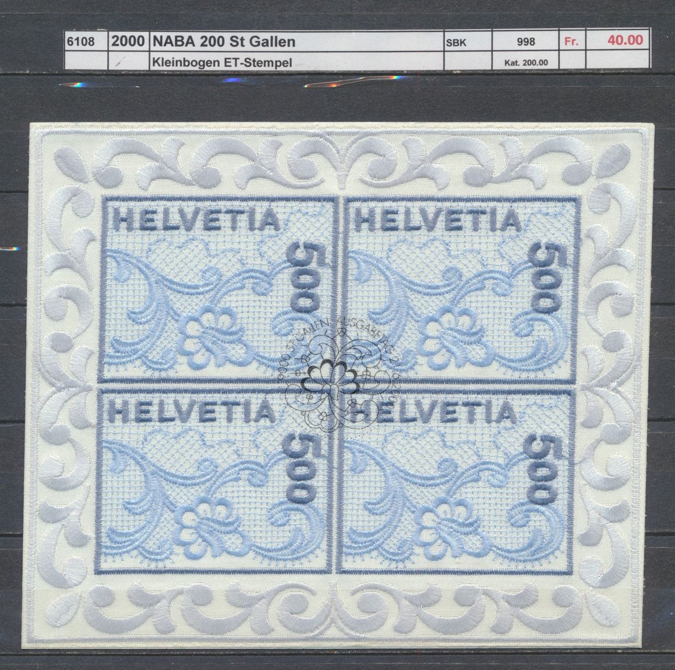 Tous les timbres: 2000 "NABA 2000 St. Gallen", Kleinbogen, ET - Stempel – D'occasion à Winterthur par Zupogeru