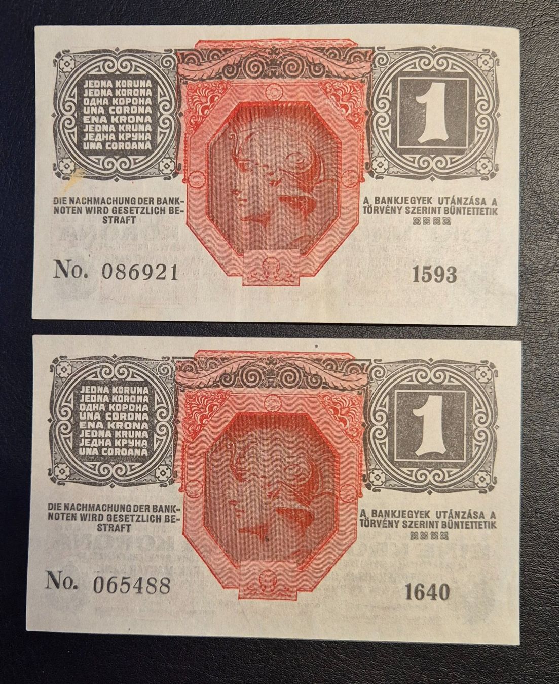 Banconote: Deutschösterreich "Eine Krone", 2 Stück, 1916 – Usato da Zürich venduto da max.d