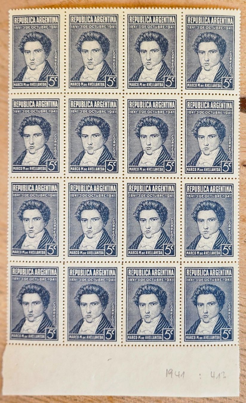 Alle Briefmarken: Argentina - 16 Marken Bogen ** Marco M. de Avellaneda, 1941 – Neu (gemäss Beschreibung) aus Les Valettes von Nuba1