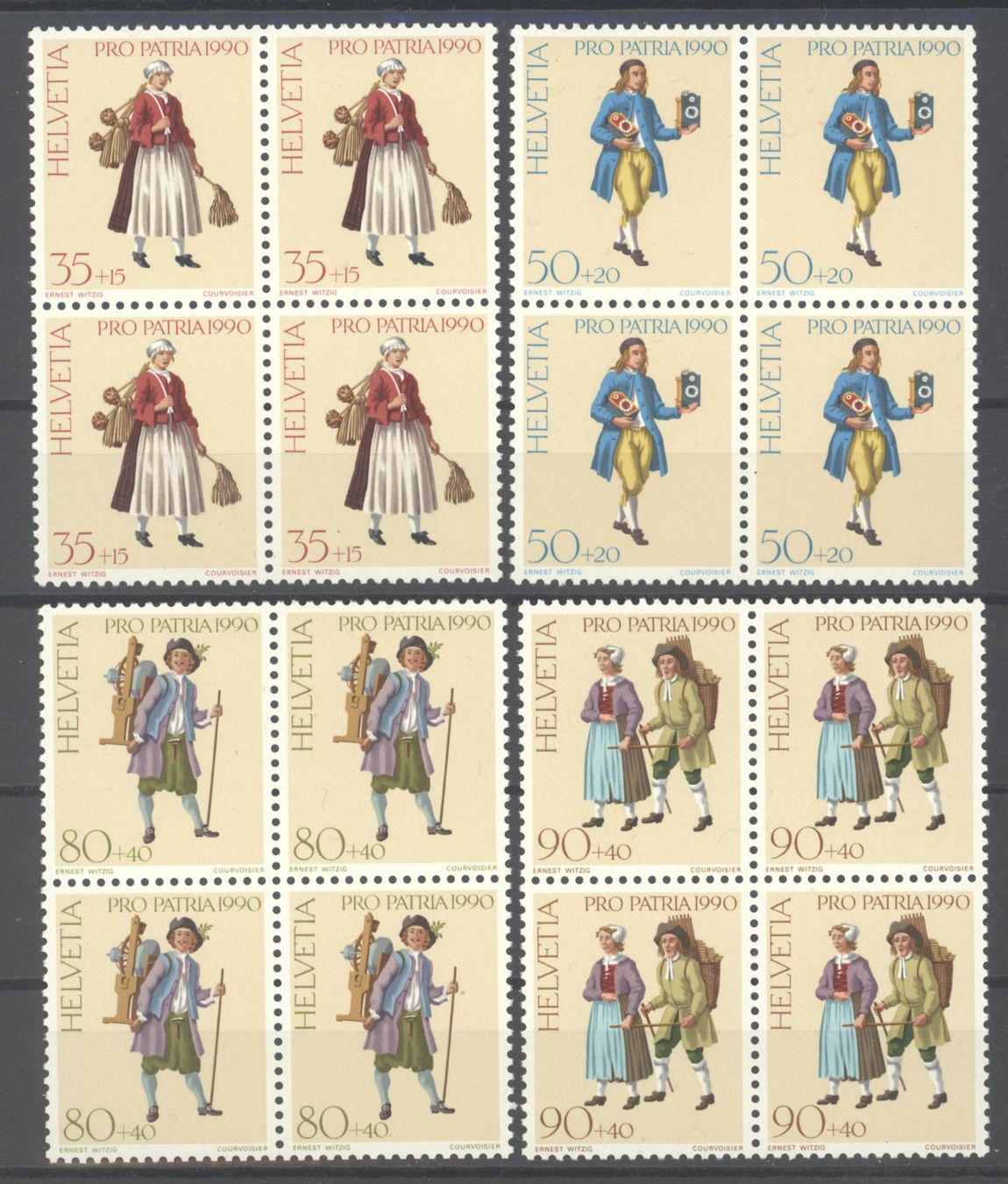 Alle Briefmarken: 1990, Pro Patria, Viererblöcke ** – Gebraucht aus Willisau von Vollstempel