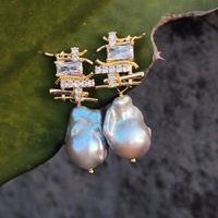 Grau Perlen Ohrstecker Echt Boucles Chandelier Perle grise