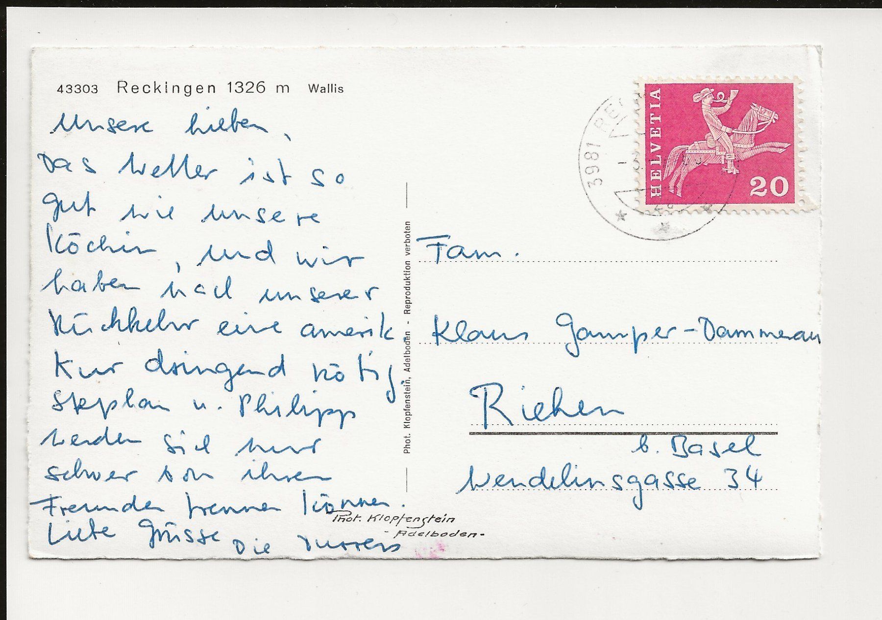 Ansichtskarten: AK 1963 Reckingen 1326m Wallis – Gebraucht aus Greifensee von 315WDO 1