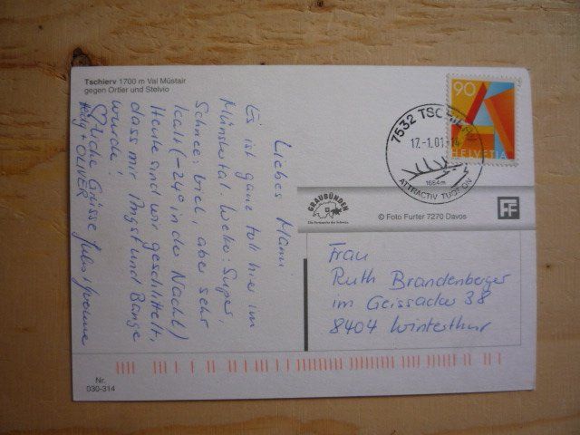 Cartoline postali: Tschierv. Val Müstair, 17.1.01 – Usato da Rieden SG venduto da Brockehuesli 1