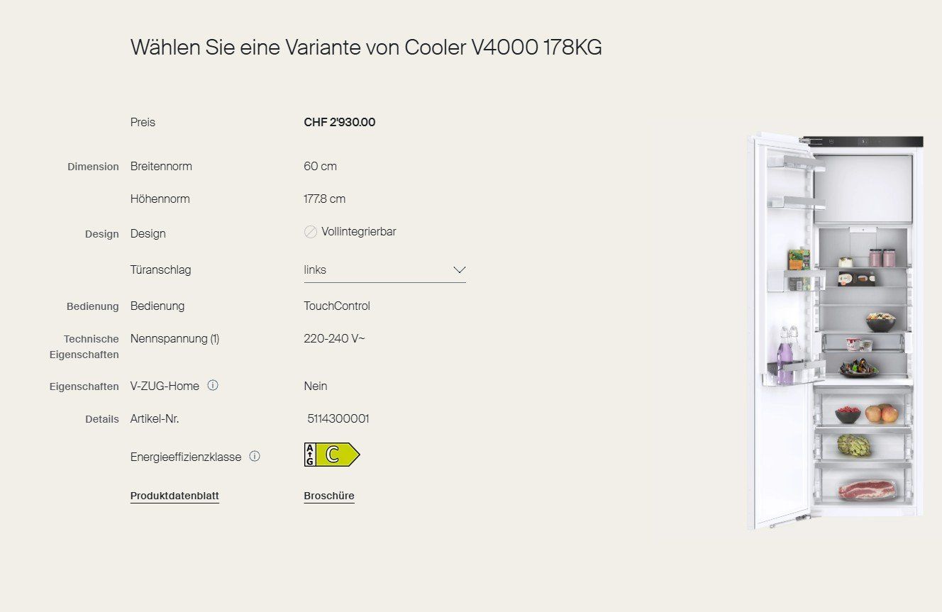Frigoriferi: V-Zug Cooler V4000 178KG – Usato da Bremgarten AG venduto da Huesser_IA
