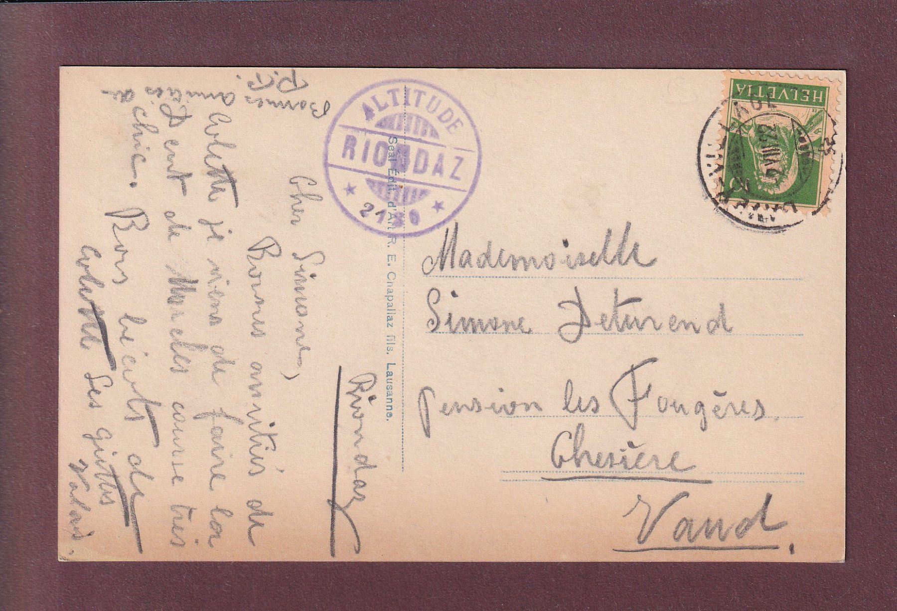 Cartoline postali: RIONDAZ - Dent de Morcles - 1922 – Usato da Pully venduto da nicecards 1