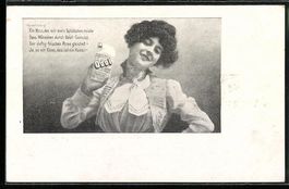 Frau mit einer Flasche Odol und Gedicht,
