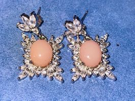 Peruvian Pink Opal & White Topaz SS925 WG Vermeil Earrings