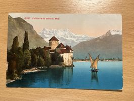 Vintage Ansichtskarte Chillon, Schweiz, beschrieben.