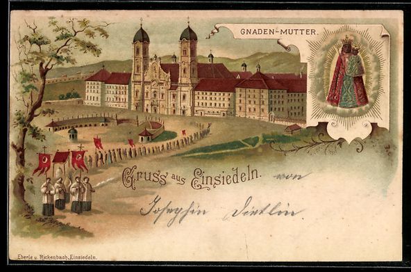Cartoline postali: Lithographie Einsiedeln, Klosteransicht mit Pilgerprozession – Usato da Berlin venduto da bartko-reher
