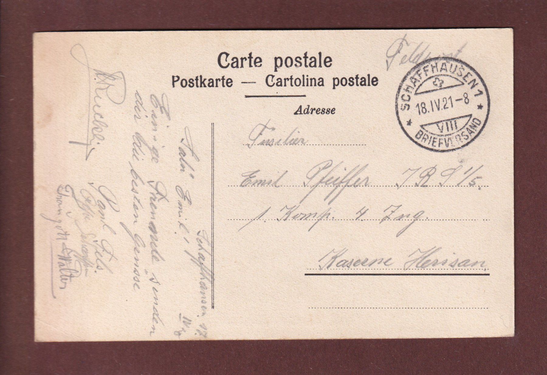 Cartoline postali: SCHAFFHAUSEN - Teilansicht - 1921 // Eckbug // – Usato da Pully venduto da nicecards 1