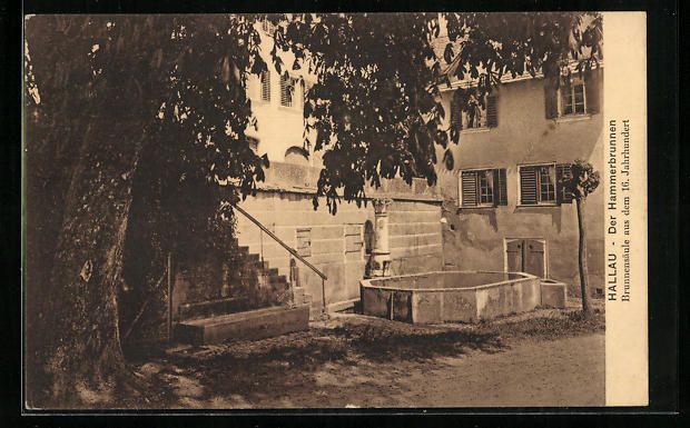 Cartoline postali: Hallau, Hammerbrunnen mit Brunnensäule  – Usato da Berlin venduto da bartko-reher