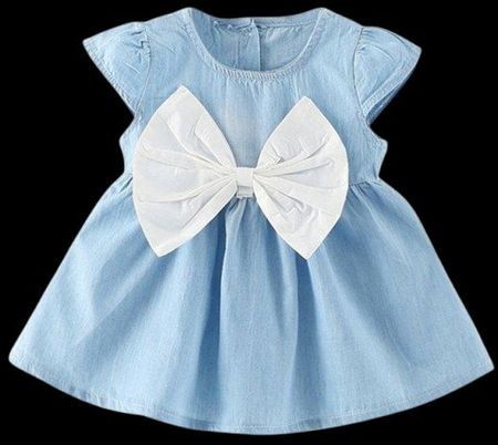 🎀Mädchen kurzarm Minikleid mit weißer Schleife Jeansoptik💙